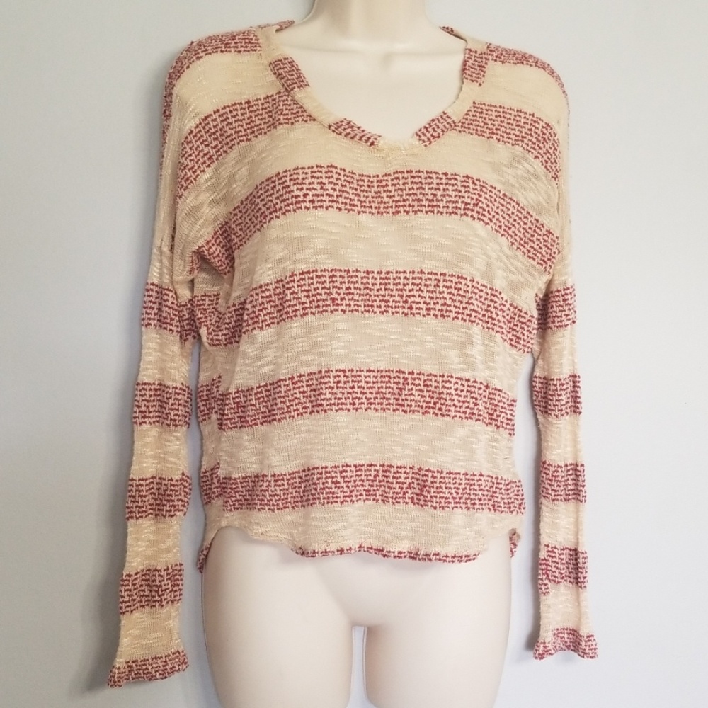 Peyton Jensen tan & red sheer sweater knit top